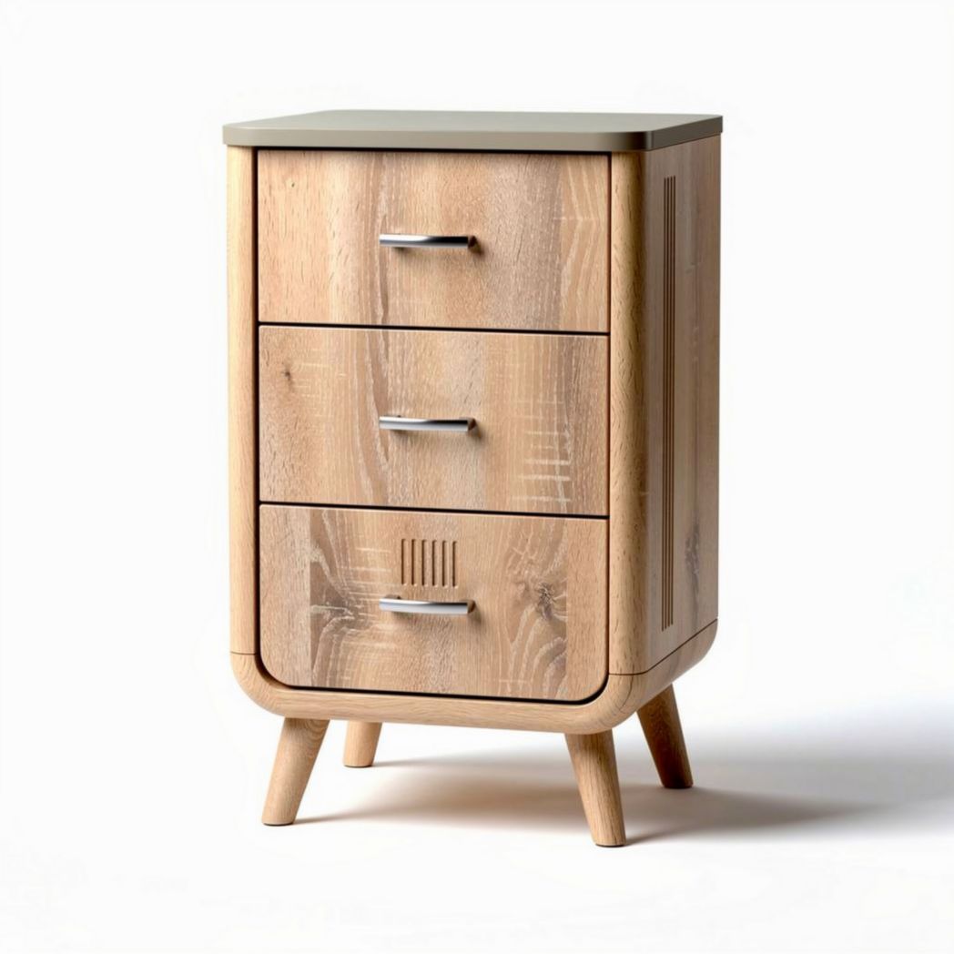 Comò in legno di rovere con tre cassetti e piano in laminato 45 x 35 x 70cm