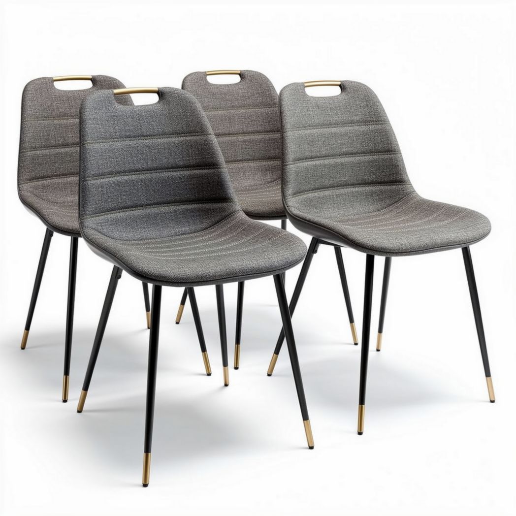 Sedia moderna in tessuto grigio con gambe nere e dettagli dorati set da quattro