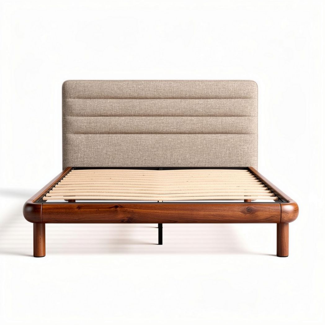letto matrimoniale in legno con testiera imbottita in tessuto grigio 200 x 160 x 30cm