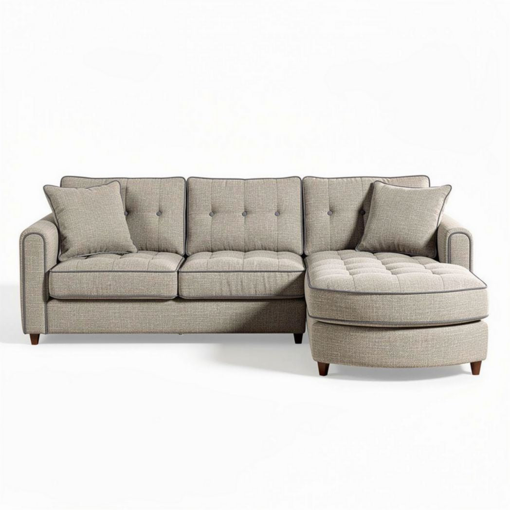 Divano angolare in tessuto grigio con pouf dimensioni 200 x 90 x 85cm