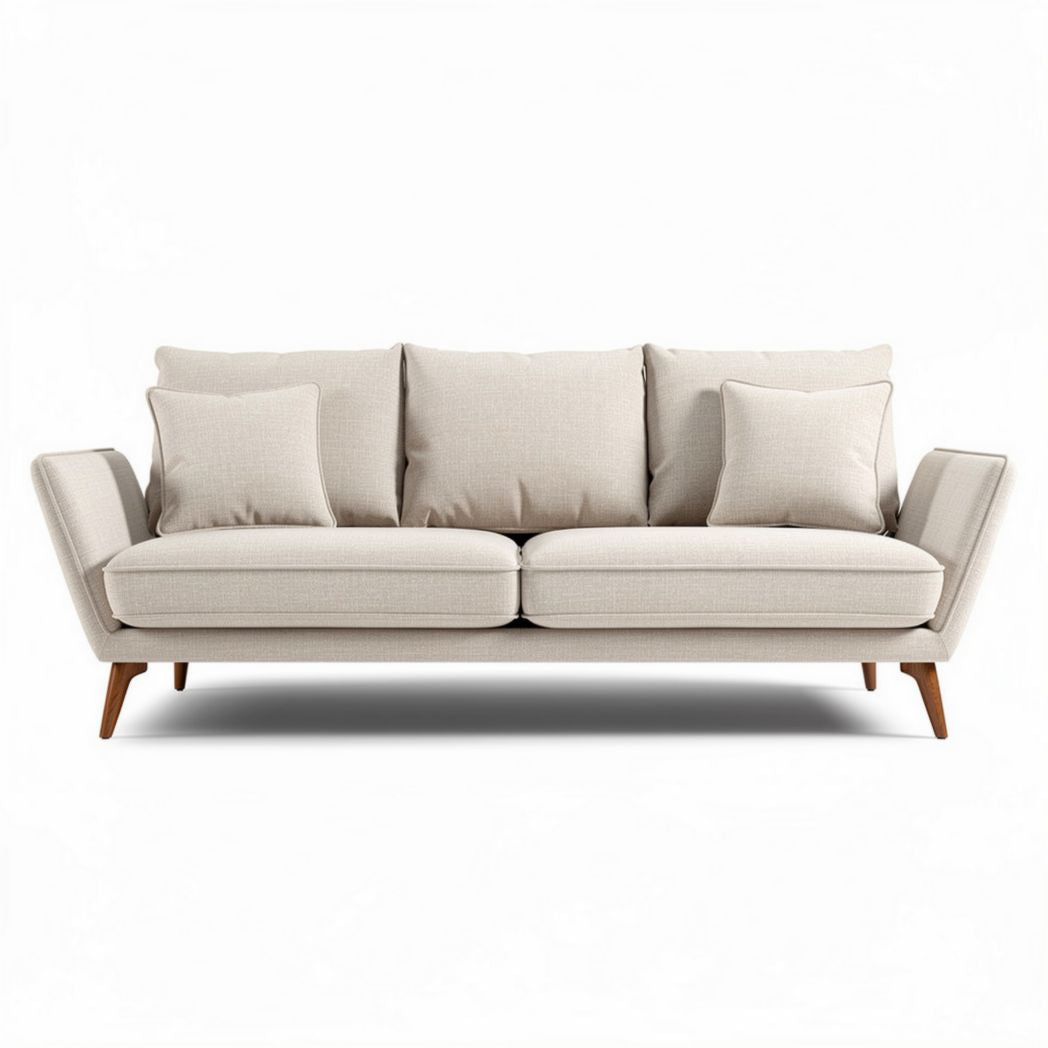Divano moderno in tessuto beige con cuscini e struttura in legno 200 x 85 x 85cm